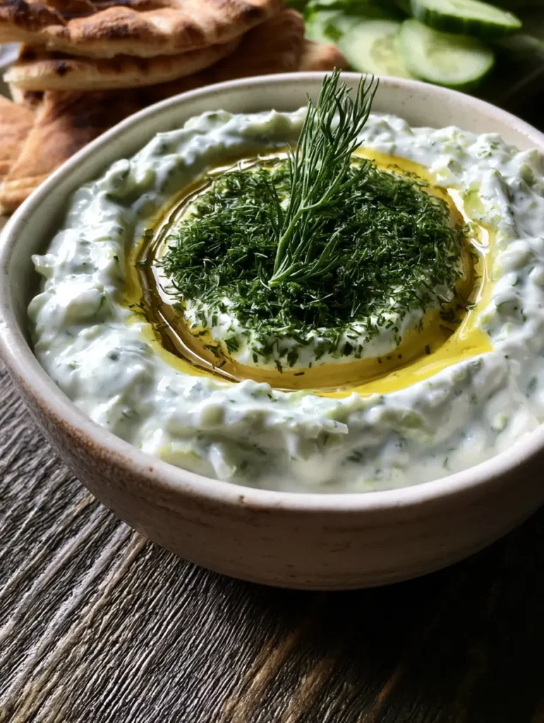 Authentic Greek Tzatziki Recipe: The Secret to a Thick and Creamy Mediterranean Classic 1 Close up of charred pita bread triangles next to a bowl of fresh Greek tzatziki. (Authentic Greek Tzatziki Recipe)