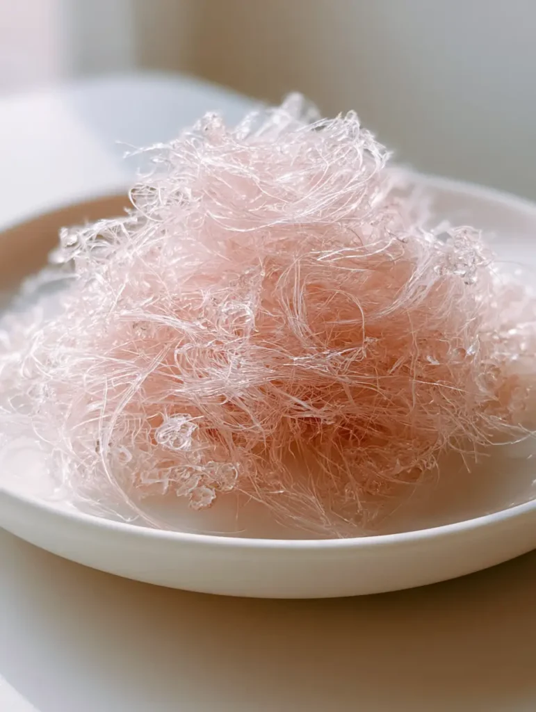 Close up of translucent sugar fibers and hardened crystalline droplets from Homemade Cotton Candy Without a Machine.