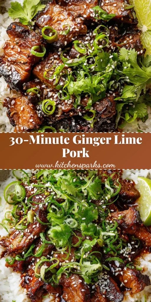 Ginger Lime Pork with Sticky Glaze and Fluffy Coconut Rice 4 A top-down Pinterest-style image of Ginger Lime Pork strips over fluffy coconut rice with scallions and sesame seeds.