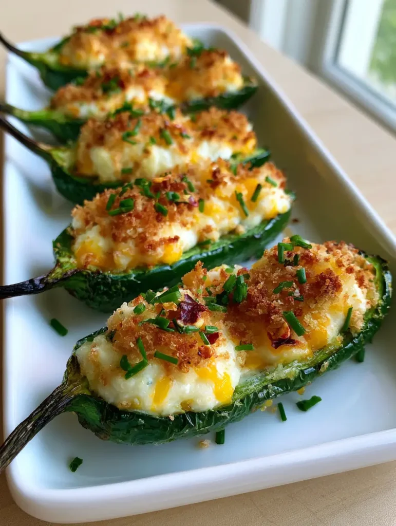 Close-up detail of charred jalapeño skins and melted yellow cheddar filling garnished with chives.