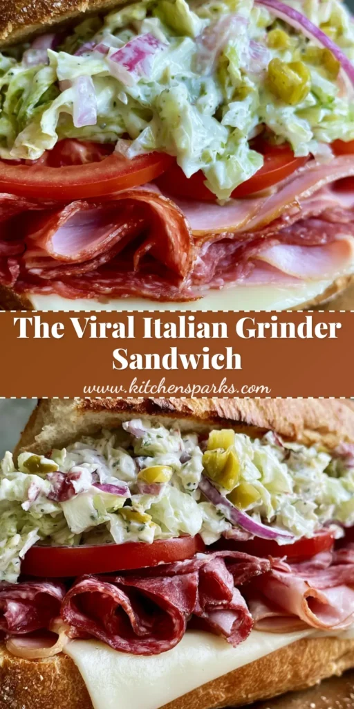 Italian Grinder Salad Sandwich: The Ultimate Crusty Deli Masterpiece 4 A towering Italian Grinder Salad Sandwich on a wooden board featuring rippled deli meats and creamy iceberg salad. (Italian Grinder Salad Sandwich)