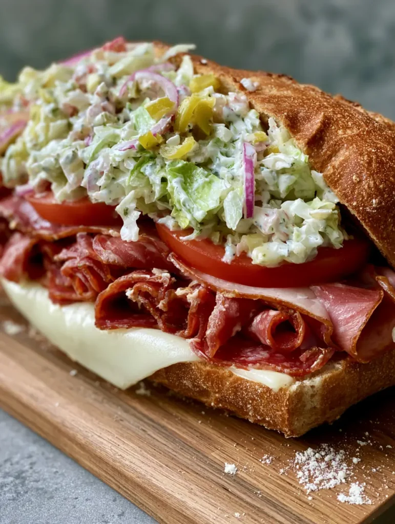 Close-up handheld photo of a thick Italian Grinder Salad Sandwich with toasted baguette and melted provolone. (Italian Grinder Salad Sandwich)