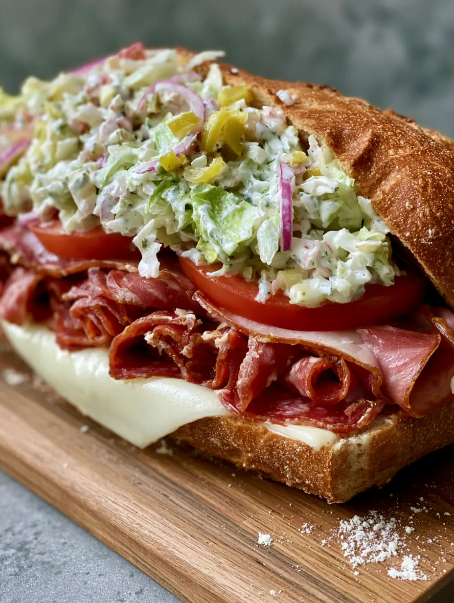 Italian Grinder Salad Sandwich: The Ultimate Crusty Deli Masterpiece 3 Close-up handheld photo of a thick Italian Grinder Salad Sandwich with toasted baguette and melted provolone. (Italian Grinder Salad Sandwich)
