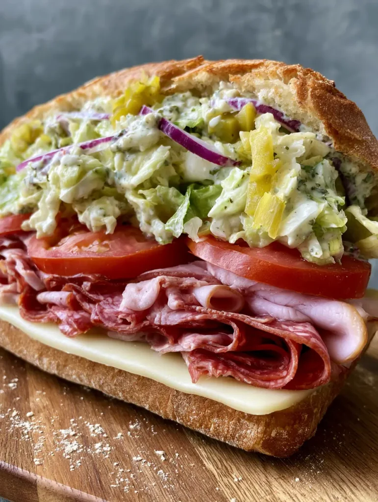 Italian Grinder Salad Sandwich: The Ultimate Crusty Deli Masterpiece 1 Detailed view of rippled salami, capicola, and the chunky grinder salad topper on an Italian baguette.