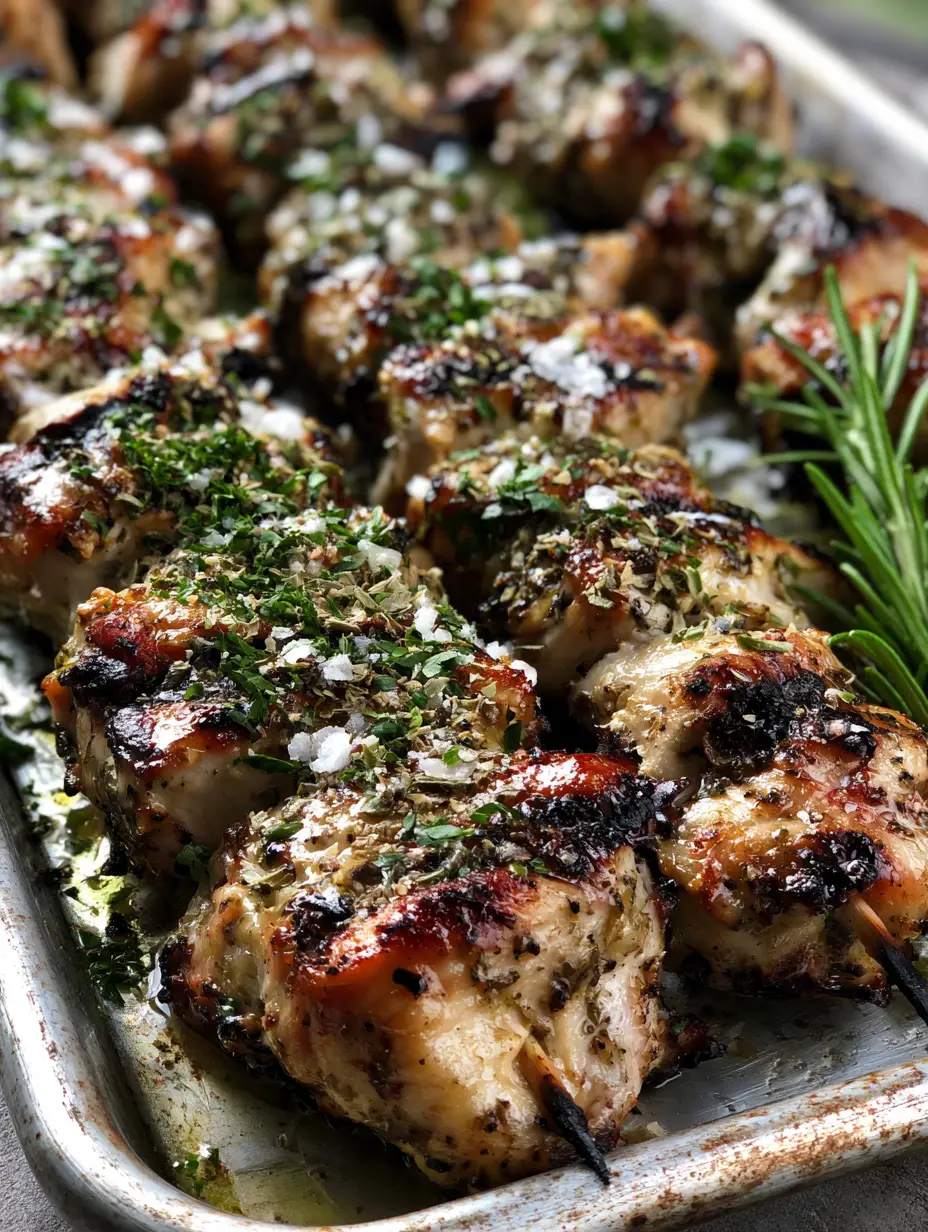 Handheld photo of grilled Greek Chicken Skewers with deep char marks and a glistening oily marinade, topped with green herbs.