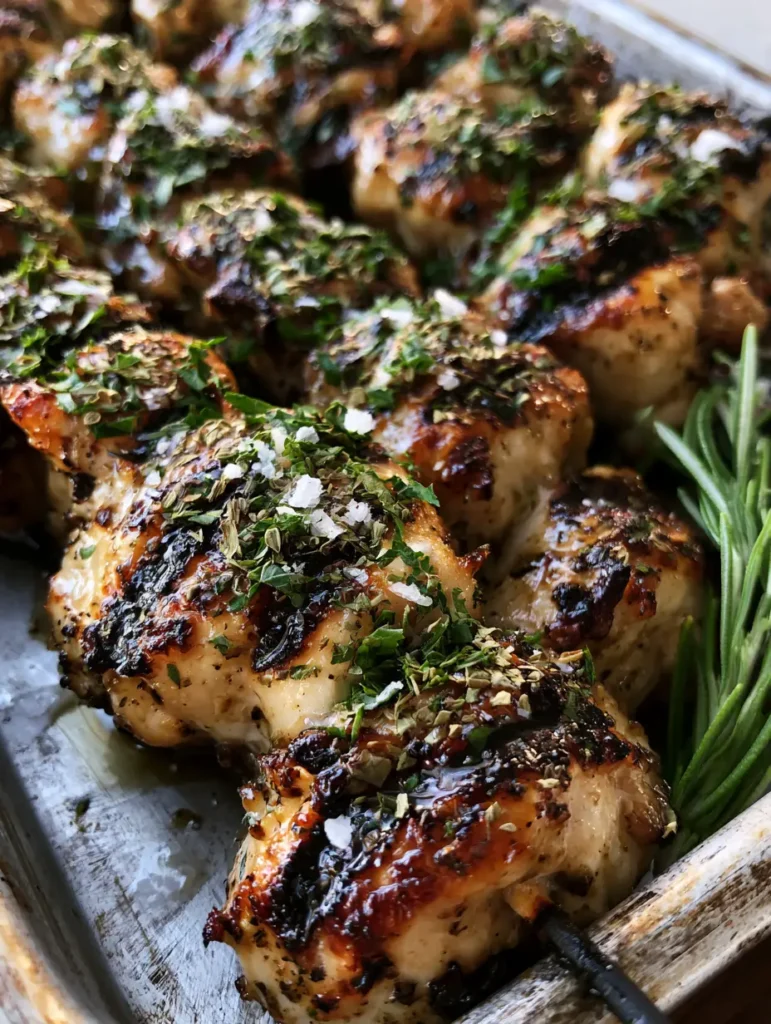 Glistening Greek Chicken Skewers on a weathered silver tray featuring dried oregano and fresh parsley garnishes.