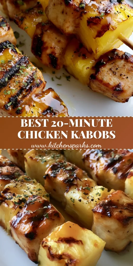 Three grilled Pineapple Chicken Kabobs on a white plate with dark char marks and a glistening brown glaze.