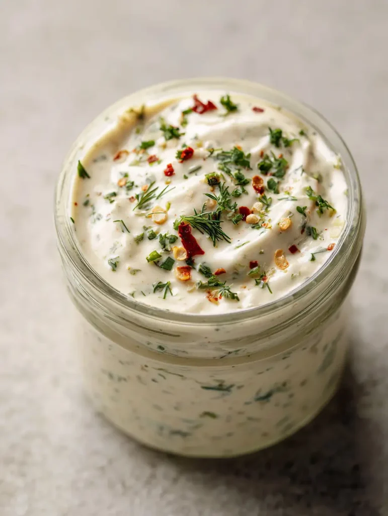 A handheld smartphone photo of Cowboy Butter Ranch Dressing in a glass jar on a neutral stone background.