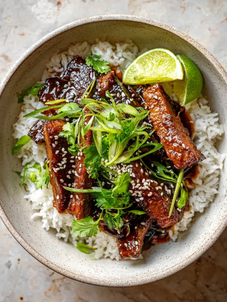 Ginger Lime Pork with Sticky Glaze and Fluffy Coconut Rice 2 Close-up of seared Ginger Lime Pork strips with caramelized edges and glossy sauce over white coconut rice.