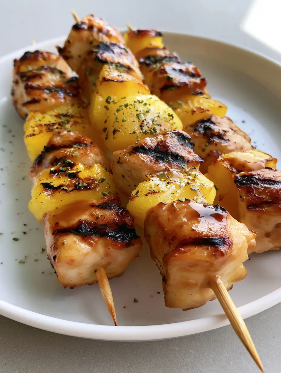 A close-up of Pineapple Chicken Kabobs with visible herb garnish and black pepper on a white ceramic plate.