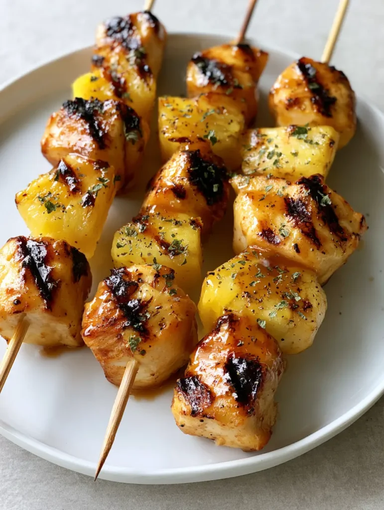 Two skewers of Pineapple Chicken Kabobs resting on a neutral grey surface in natural light.