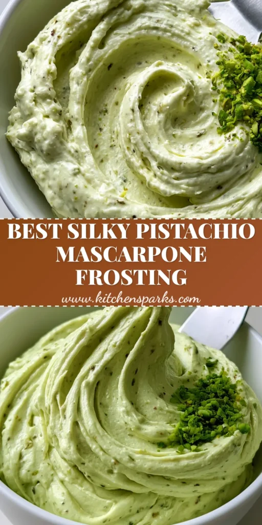 A handheld smartphone photo of thick Pistachio Mascarpone Frosting in a white bowl with a deep swirl and crushed nut garnish.