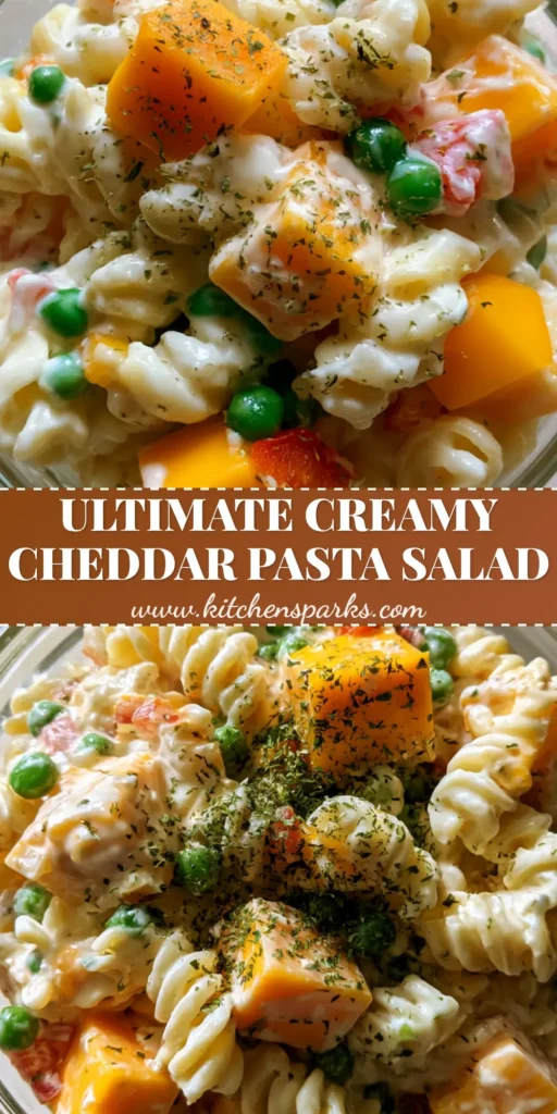 A close-up vertical shot of Creamy Cheddar Pasta Salad in a glass bowl, showcasing vibrant orange cheese cubes and green peas.
