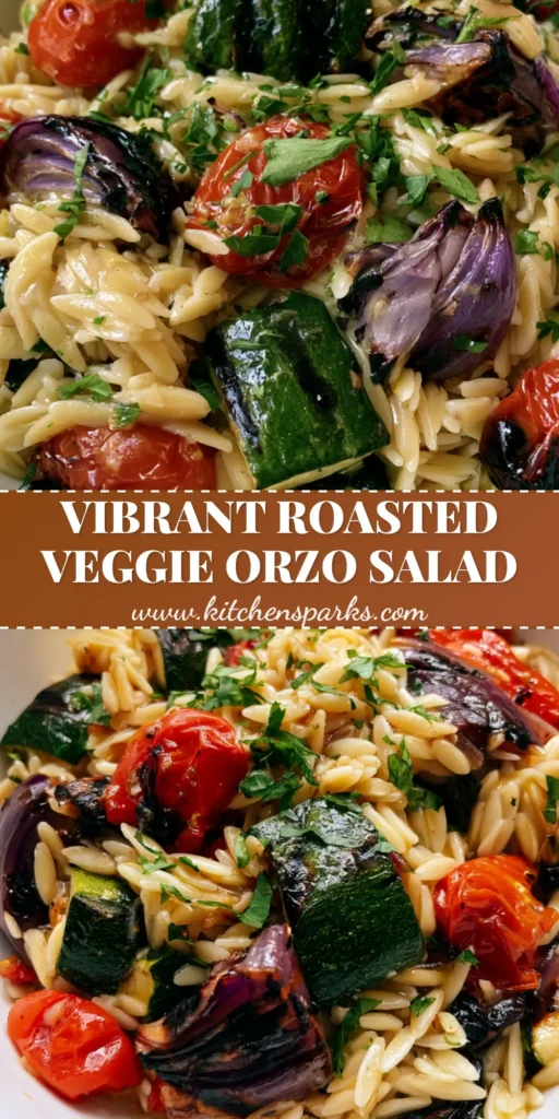 A top-down view of a Roasted Vegetable Orzo Salad in a white bowl featuring charred zucchini, blistered cherry tomatoes, and red onions with fresh parsley garnish.