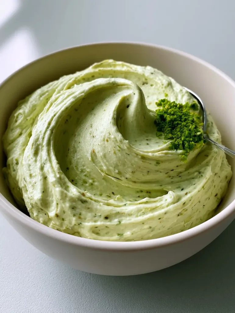 Close-up of Pistachio Mascarpone Frosting showing soft peaks and small dark green pistachio flecks in a matte white bowl.