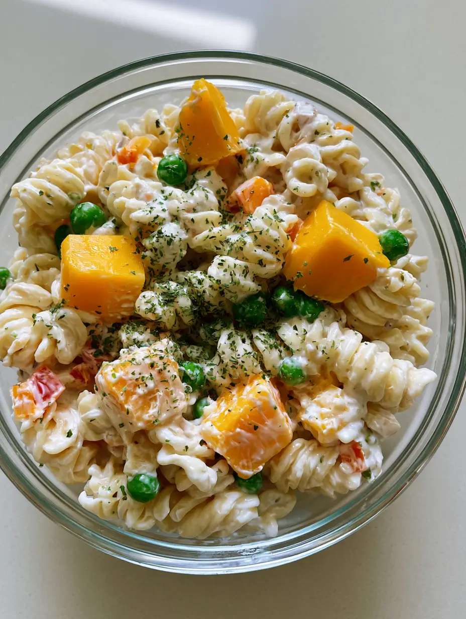 Top-down view of Creamy Cheddar Pasta Salad in a clear glass bowl with rotini, peas, and red peppers. (Creamy Cheddar Pasta Salad)