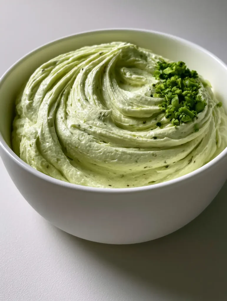 A silver offset spatula creating a deep swirl in pale green Pistachio Mascarpone Frosting.