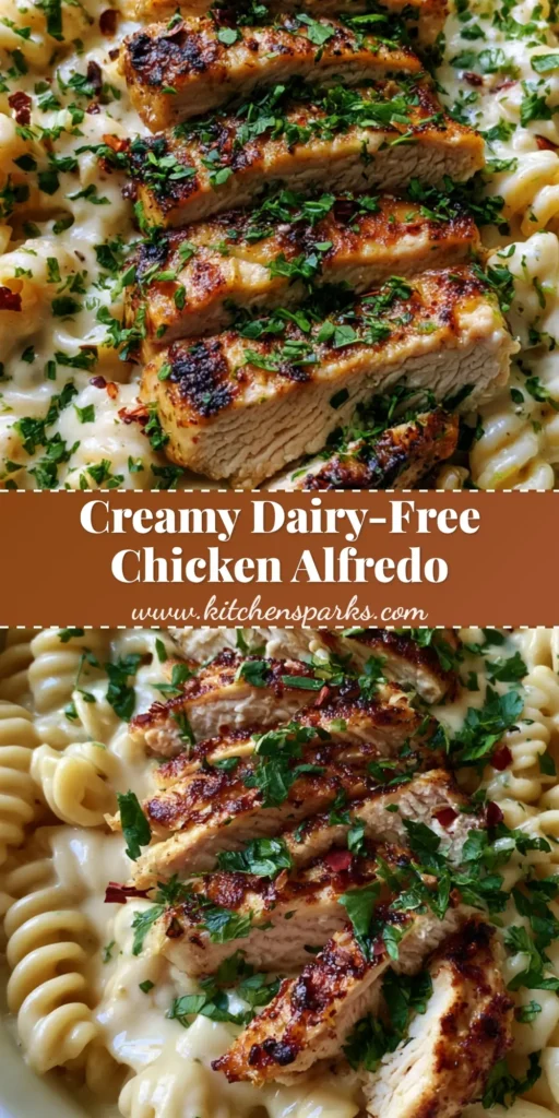 A close-up of Dairy-Free Chicken Alfredo featuring rotini pasta and charred chicken strips in a white bowl. (Dairy-Free Chicken Alfredo)