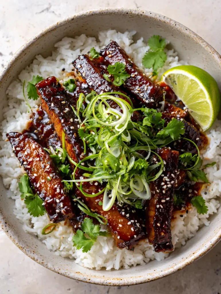 Ginger Lime Pork with Sticky Glaze and Fluffy Coconut Rice 1 A ceramic bowl of Ginger Lime Pork garnished with cilantro, scallions, and a fresh lime wedge on a stone surface.