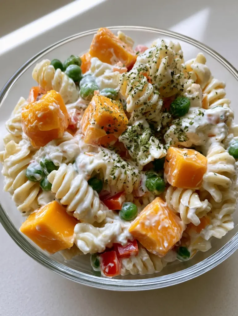 Close up of creamy rotini pasta coated in white sour cream dressing with orange cheddar cubes. (Creamy Cheddar Pasta Salad)