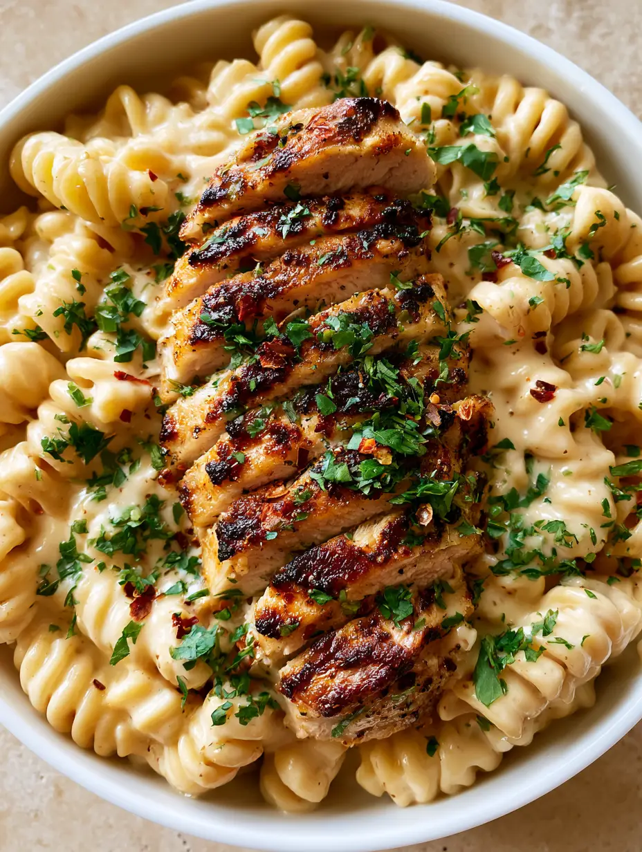 Top-down view of a white ceramic bowl filled with rotini pasta and glossy dairy-free alfredo sauce. (Dairy-Free Chicken Alfredo)