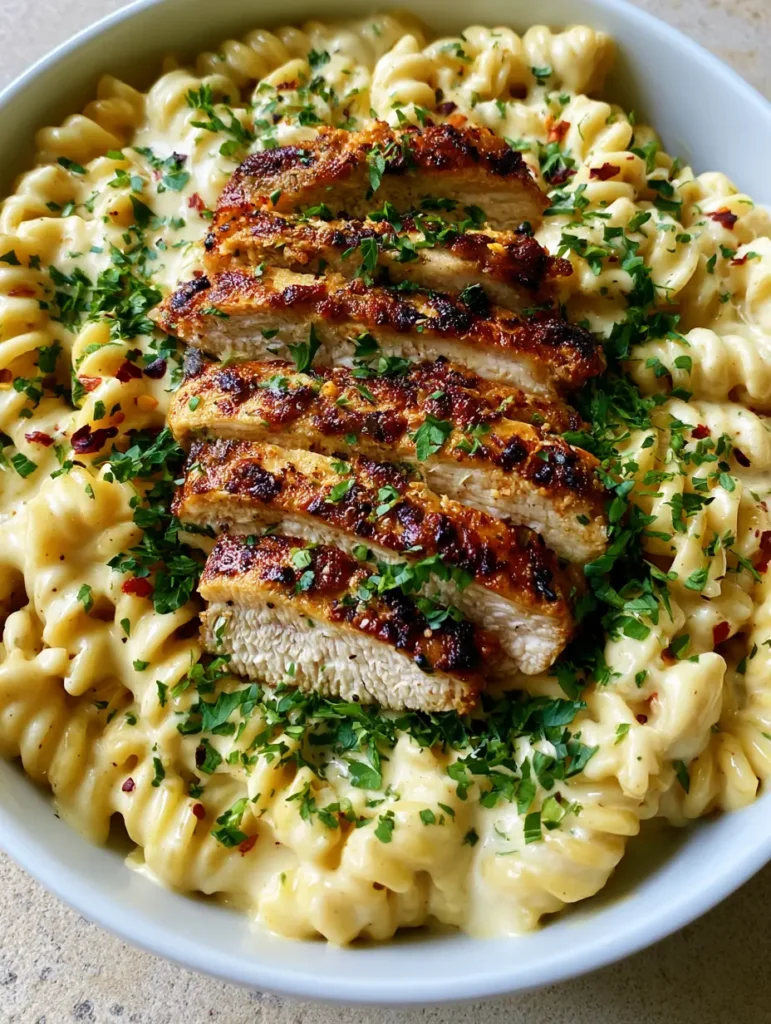 Close-up of pan-seared chicken strips with golden-brown charred edges on top of creamy pasta.