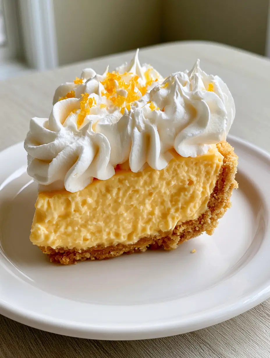 A slice of bright orange creamsicle pie on a white plate with thick whipped cream and orange zest garnish. (Orange Creamsicle Pie)