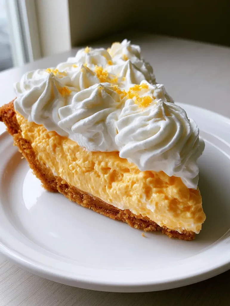 A handheld style photo of a slice of Orange Creamsicle Pie on a wooden table.