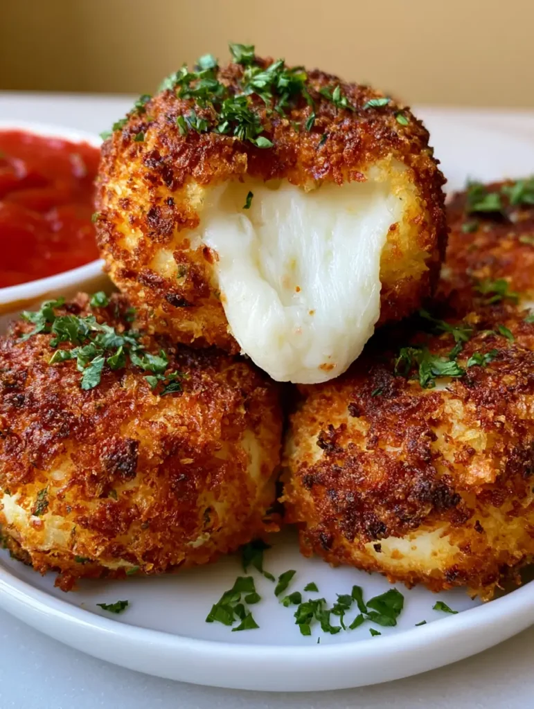 A close-up handheld photo showing a pulled apart Air Fried Babybel Cheese round with a stretchy white melted center.