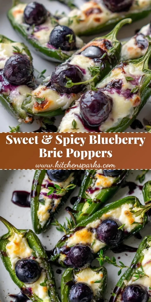 A handheld smartphone photo of a white plate featuring Blueberry Brie Jalapeño Poppers with charred skins, melted white cheese, fresh blueberries, and a balsamic drizzle.