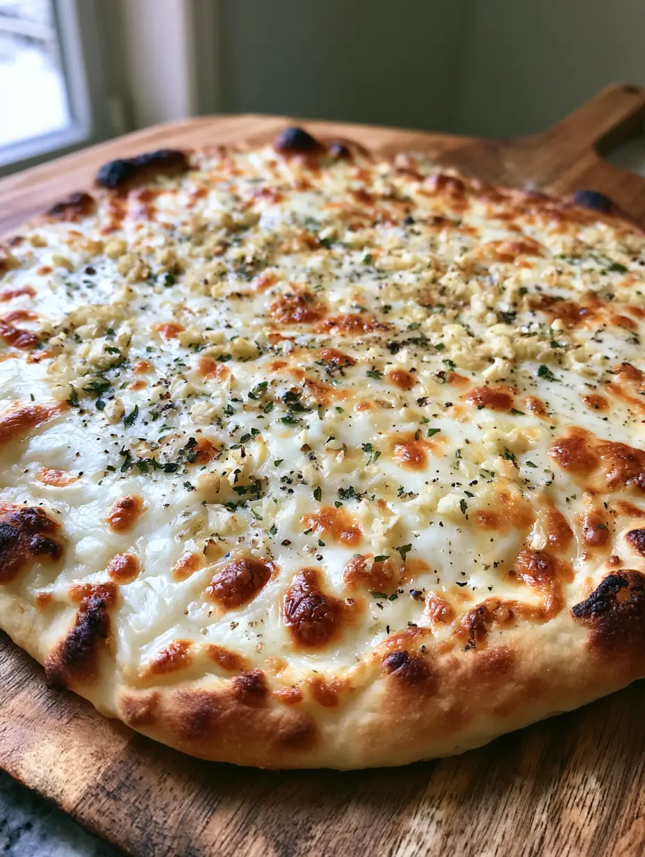 Handheld photo of a fresh white pizza with White Garlic Pizza Sauce, golden crust, and roasted garlic bits.