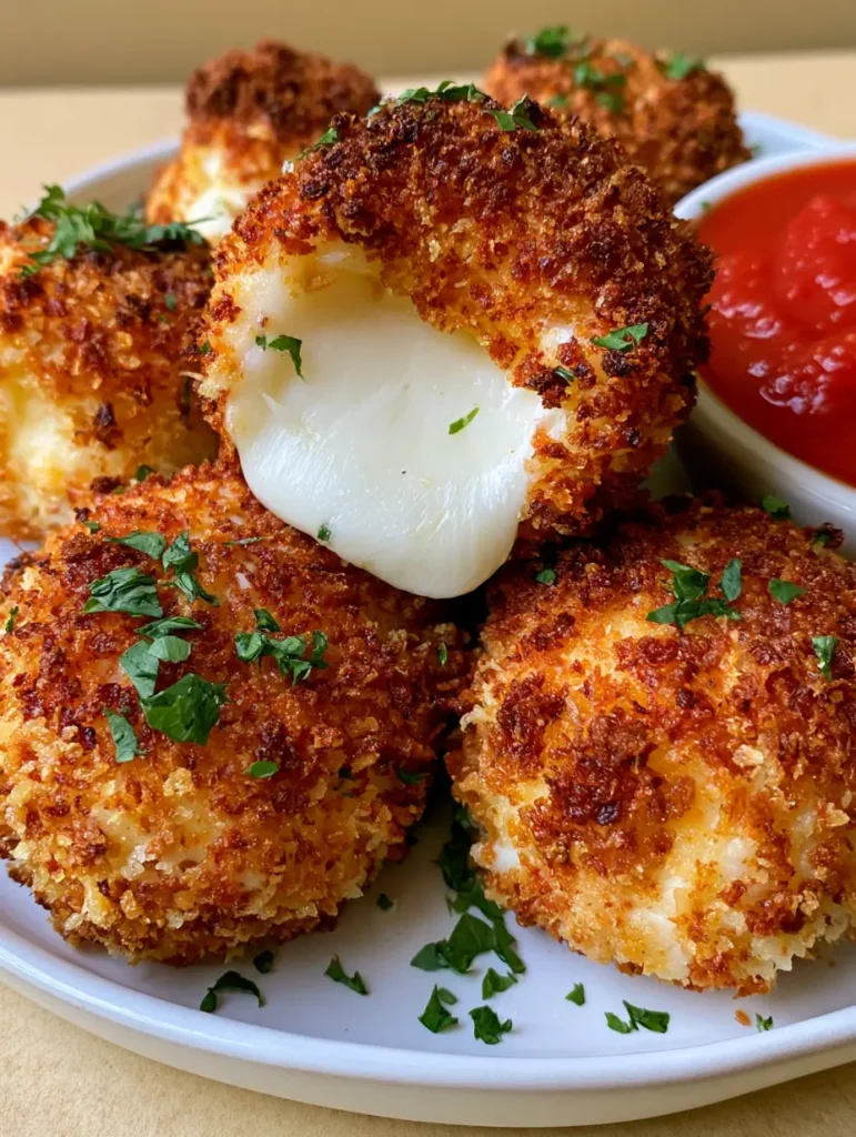 Several golden brown crispy air fried Babybel cheese rounds garnished with parsley on a white plate.