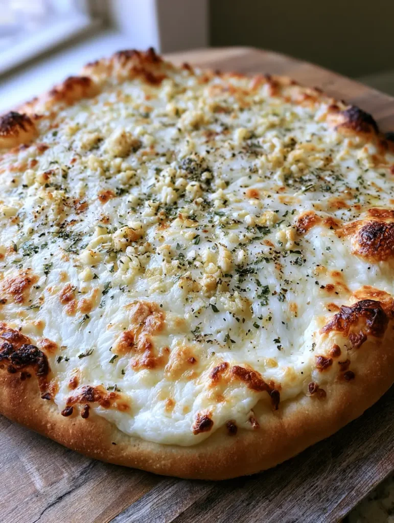 Top view of a white garlic pizza showing the thick opaque sauce and toasted mozzarella cheese spots.