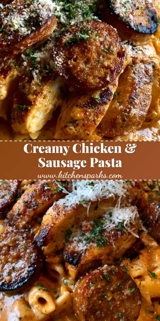 Creamy Chicken and Sausage Pasta with Golden Seared Chicken and Charred Italian Sausage 4 A top-down view of Creamy Chicken and Sausage Pasta in a white bowl with charred sausage and golden chicken. (Creamy Chicken and Sausage Pasta)