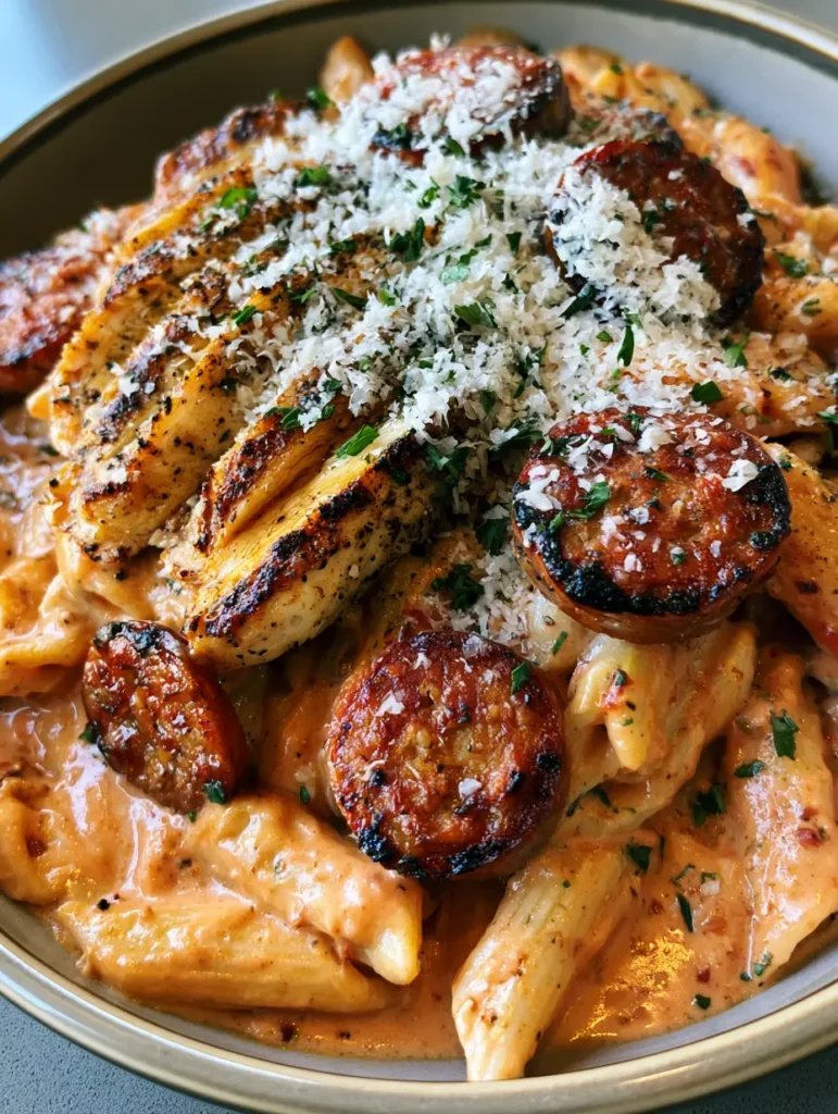 Creamy Chicken and Sausage Pasta with Golden Seared Chicken and Charred Italian Sausage 2 Close-up of penne in a light-orange sauce topped with seared chicken and sausage. (Creamy Chicken and Sausage Pasta)