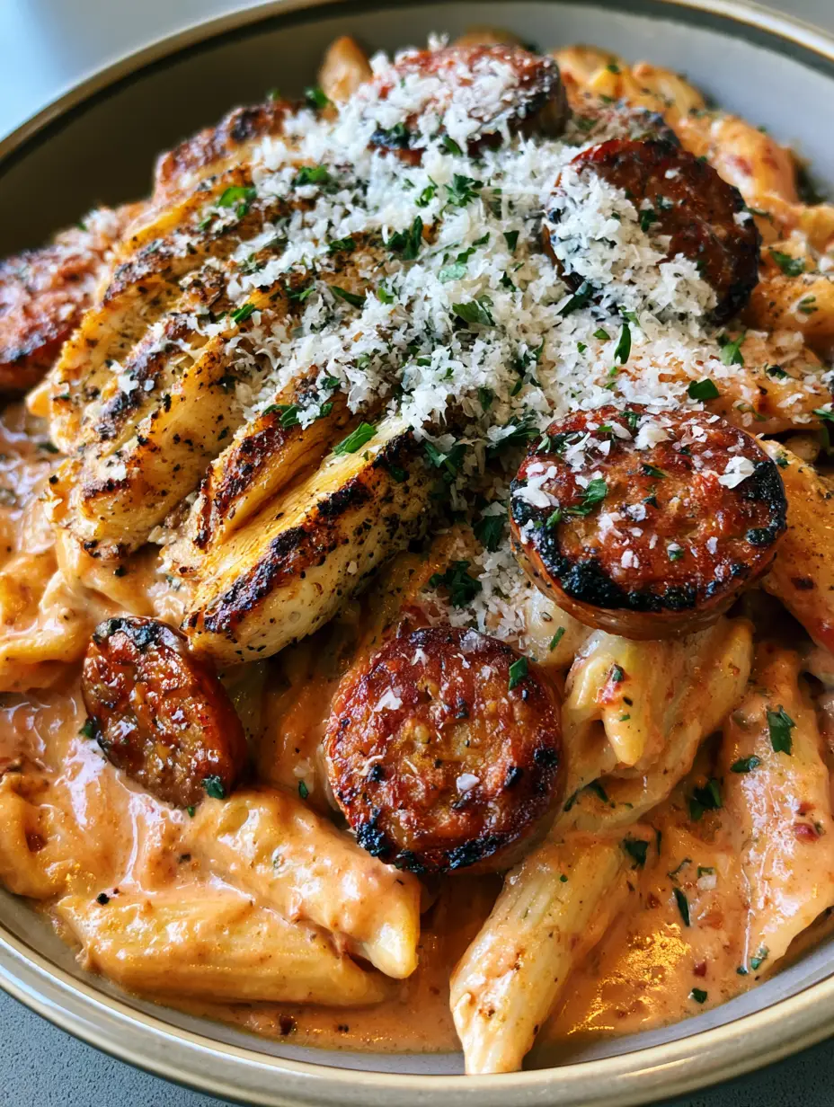 Creamy Chicken and Sausage Pasta with Golden Seared Chicken and Charred Italian Sausage 3 Close-up of penne in a light-orange sauce topped with seared chicken and sausage. (Creamy Chicken and Sausage Pasta)