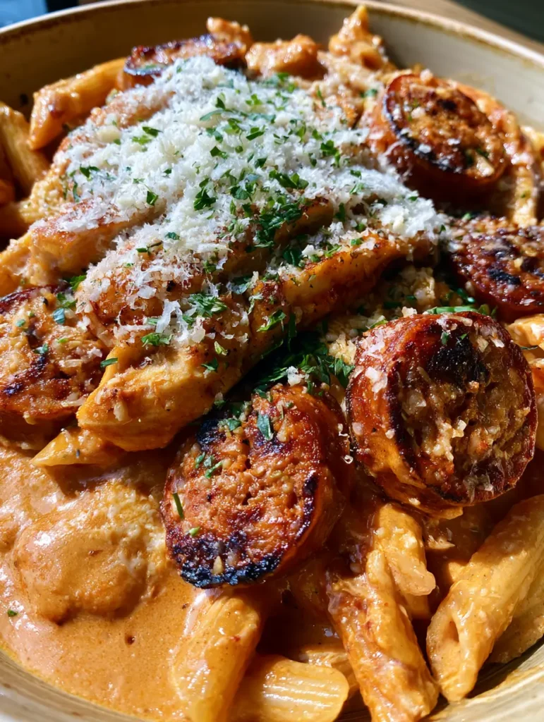 Creamy Chicken and Sausage Pasta with Golden Seared Chicken and Charred Italian Sausage 1 Wide ceramic bowl filled with Creamy Chicken and Sausage Pasta garnished with parsley. (Creamy Chicken and Sausage Pasta)