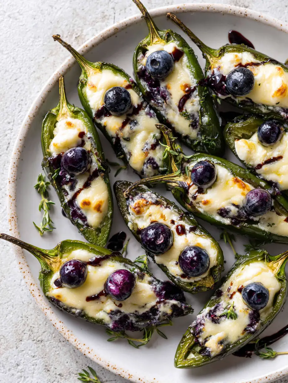 Close-up of roasted jalapeño halves filled with bubbly melted brie and three fresh blueberries. (Blueberry Brie Jalapeño Poppers)