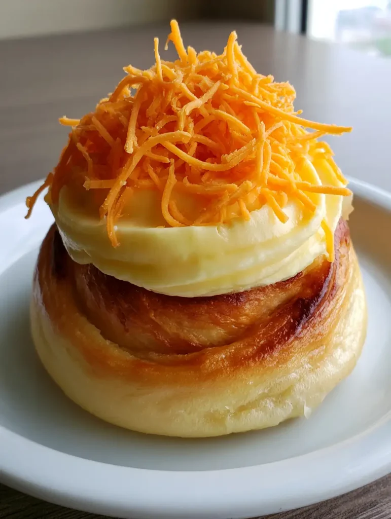 Filipino Ensaymada Recipe: The Fluffiest Spiraled Brioche with Rich Buttercream 1 Finely shredded orange cheddar cheese piled high on a pale yellow buttercream frosted bun. (Filipino Ensaymada Recipe)