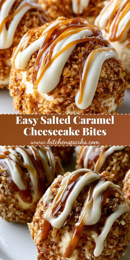 Spherical Salted Caramel Pretzel Cheesecake Bites on a white plate with amber caramel and white chocolate drizzles.