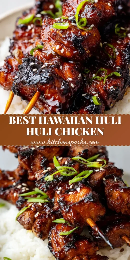 Huli Huli Chicken: The Ultimate Hawaiian Grilled Skewers with Sticky Glaze 4 Three grilled Huli Huli Chicken skewers with thick glossy glaze over white rice. (Huli Huli Chicken)