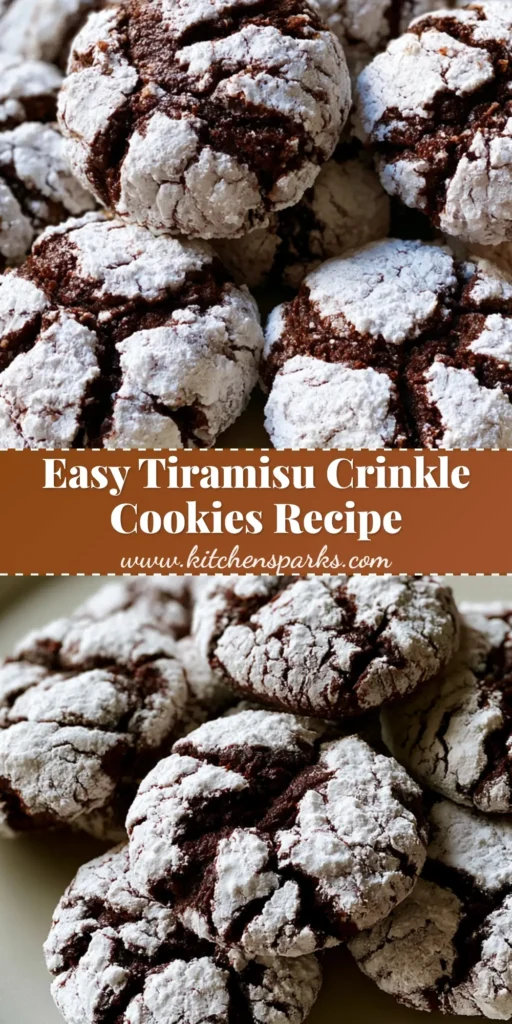Tiramisu Crinkle Cookies: Fudgy Espresso & Dark Cocoa Treats 4 A close-up vertical shot of Tiramisu Crinkle Cookies with deep jagged cracks and a thick powdered sugar coating.