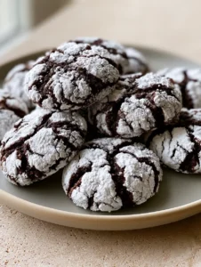 Handheld smartphone photo of a cluster of thick, round Tiramisu Crinkle Cookies on a matte ceramic plate.