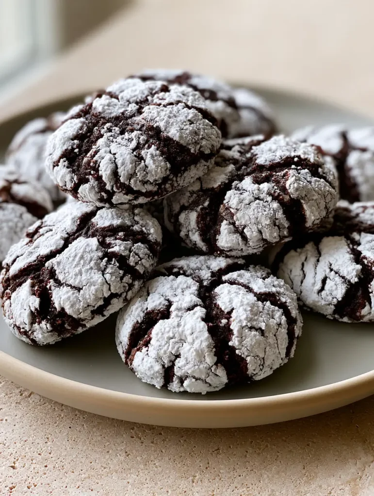 Handheld smartphone photo of a cluster of thick, round Tiramisu Crinkle Cookies on a matte ceramic plate.
