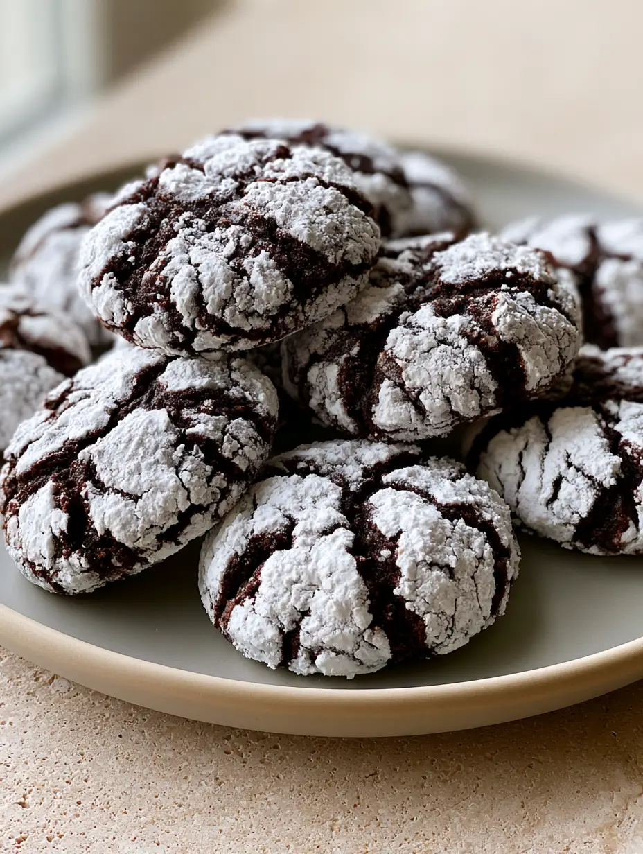 Tiramisu Crinkle Cookies: Fudgy Espresso & Dark Cocoa Treats 3 Handheld smartphone photo of a cluster of thick, round Tiramisu Crinkle Cookies on a matte ceramic plate.