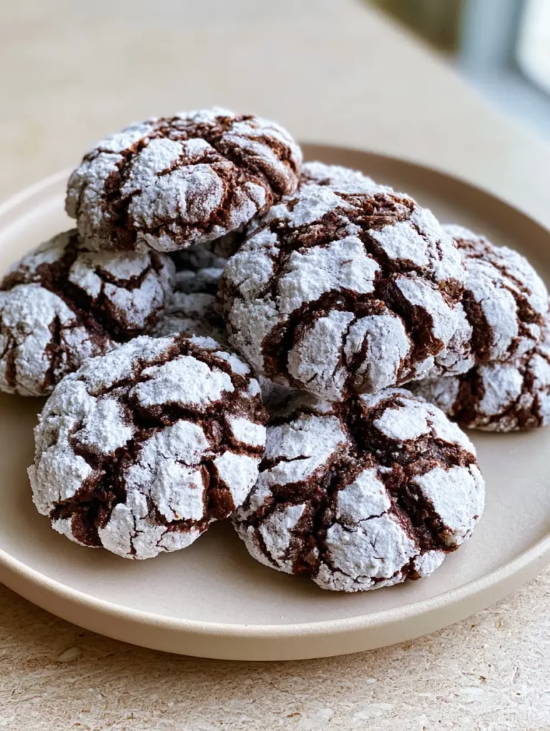 Tiramisu Crinkle Cookies: Fudgy Espresso & Dark Cocoa Treats 1 Close up of the jagged cracked surface of a chocolate espresso crinkle cookie.