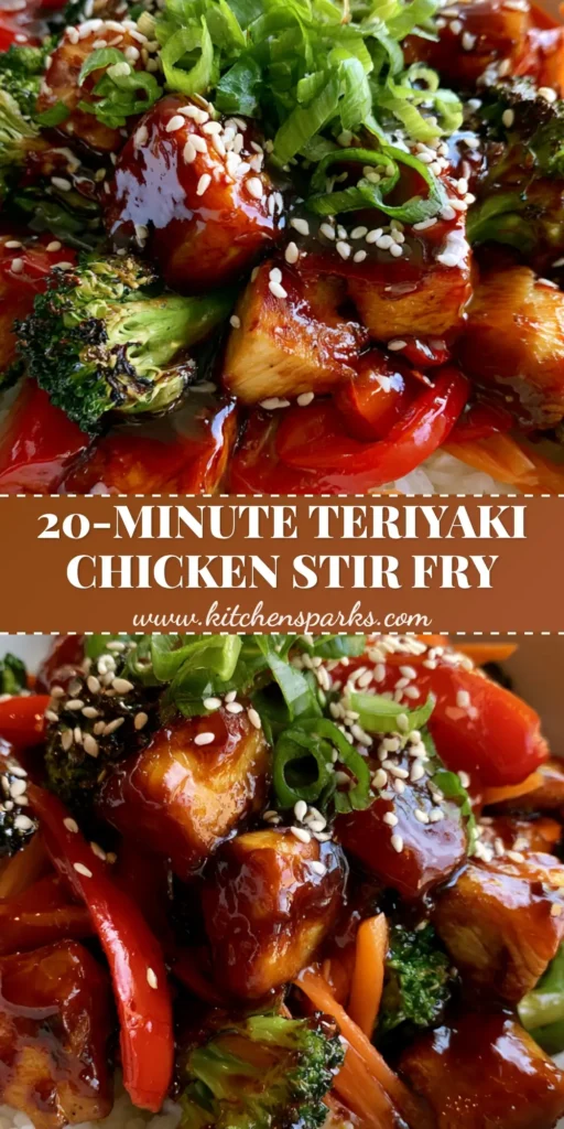 A close-up of a Teriyaki Chicken Stir Fry bowl with glossy dark sauce, charred broccoli, and julienned carrots over jasmine rice. (Teriyaki Chicken Stir Fry)