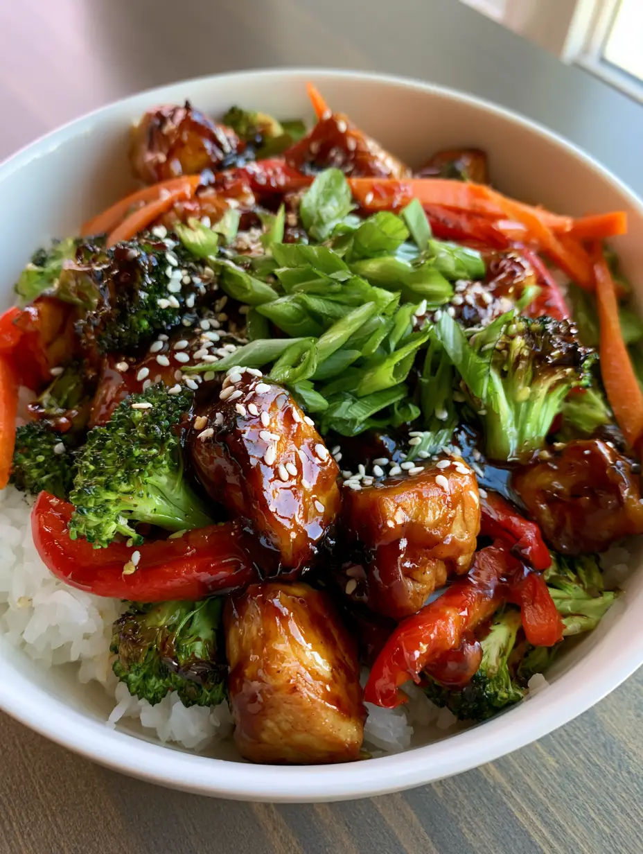 Top-down view of Teriyaki Chicken Stir Fry in a white bowl, showing seared golden chicken and vibrant vegetables. (Teriyaki Chicken Stir Fry)