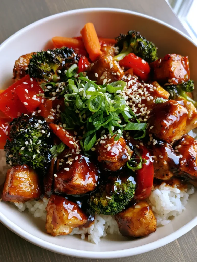 Angled shot of seared chicken cubes heavily coated in dark amber teriyaki sauce with toasted sesame seeds.