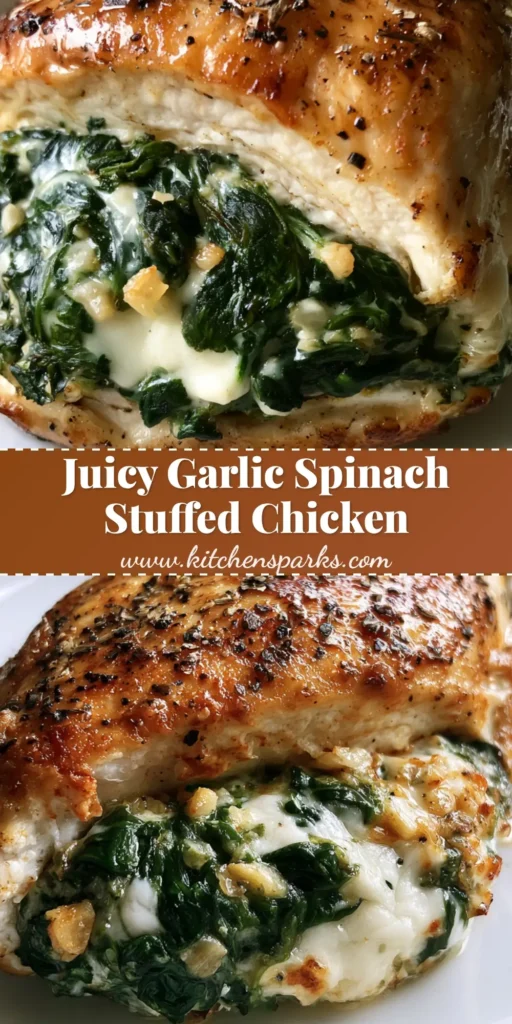 A close-up vertical shot of Garlic Spinach Stuffed Chicken sliced open to reveal melted mozzarella and vibrant green spinach, served on a white plate.